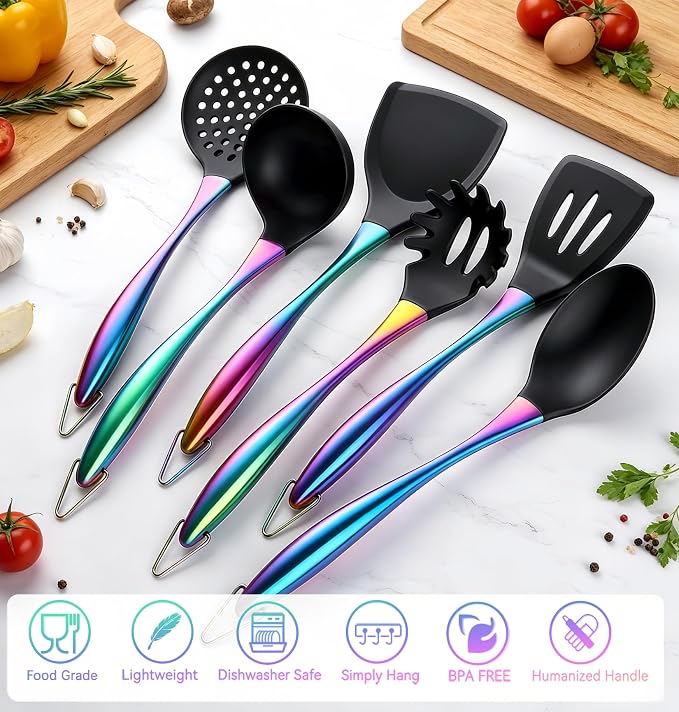 Silicone Cooking Utensils Set, 17pcs Kitchen Utensil Set with Rotatable Holder, Heat-Resistant Silicone Utensils for Cooking, Non-Stick Spatula Set with Stainless Steel Handle,Turner,Ladle (Rainbow) - Image 3