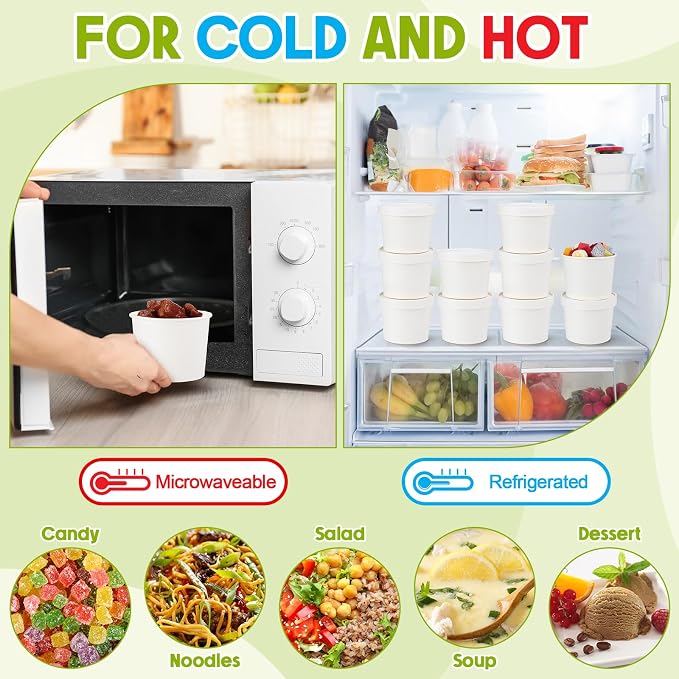 Fulmoon 100 Pack Paper Soup Containers with Lids Disposable Paper Food Containers with Vented Lid Kraft Ice Cream Cake Dessert Cups Soup Bowl for Party Hot Food Fruit Microwave(20 oz,White) - Image 6