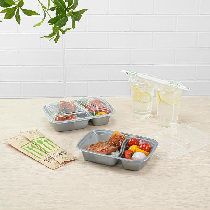 Restaurantware-Asporto 26 Ounce Compartment Take Out Boxes, 100 Microwavable Meal Prep Containers - 2 Compartments, With Clear Plastic Lids, Silver Plastic Food Containers, Do Not Contain BPA - Image 4