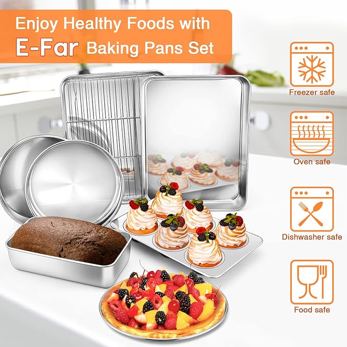 Toaster Oven Bakeware Set, E-far 8-Piece Stainless Steel Small Baking Pan Set, Include 6-Inch Cake Pan/Rectangle Baking Pan/Cookie Sheet with Rack/Muffin/Loaf/Pizza Pan, Non-Toxic & Dishwasher Safe - Image 7