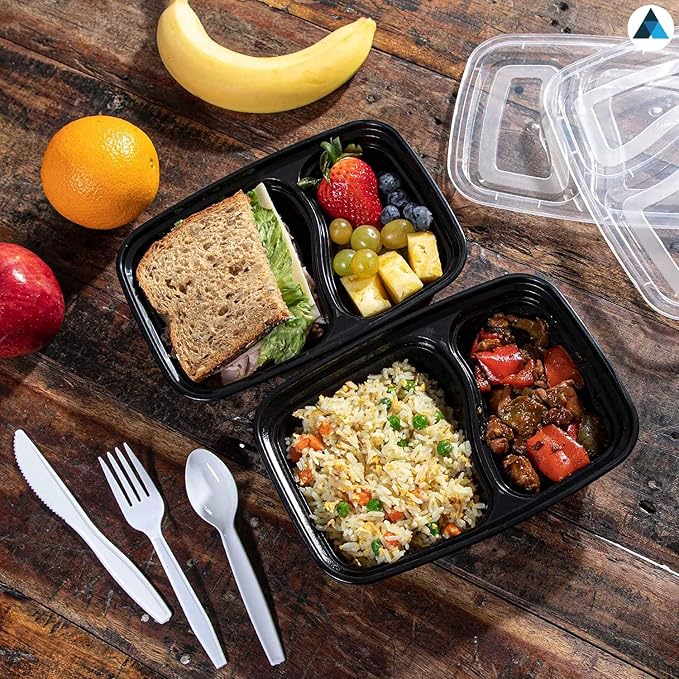 50 Pcs- 2 Compartment Meal Prep Containers Reusable with Lids, Microwave and Freezer Safe Stackable Bento Box- 30oz - Image 6