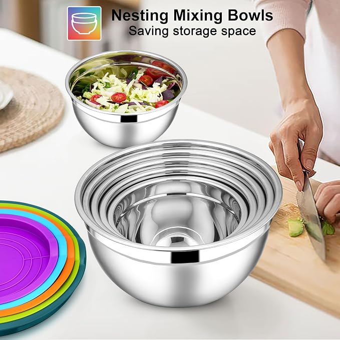 E-far Mixing Bowls with Lids Set, 7-Piece Stainless Steel Mixing Bowls with 3 Grater Attachments, Size 4.6, 3.5, 2.6, 2, 1.5, 1, 0.7QT, Nesting Design & Colorful Airtight Lid, For Baking/Prepping - Image 4