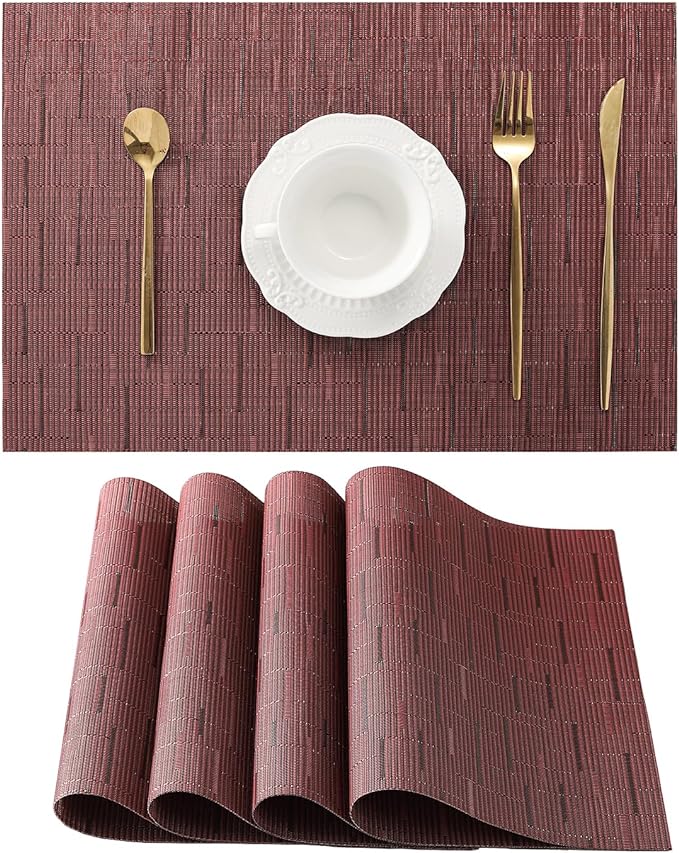 Leetaltree Burgundy Placemats Set of 4 - Heat Resistant Non-Slip Place mats for Dining Table, Washable Durable PVC Vinyl Woven Table Mats（Burgundy, 4） by Leetaltree-ArtatEveryTable