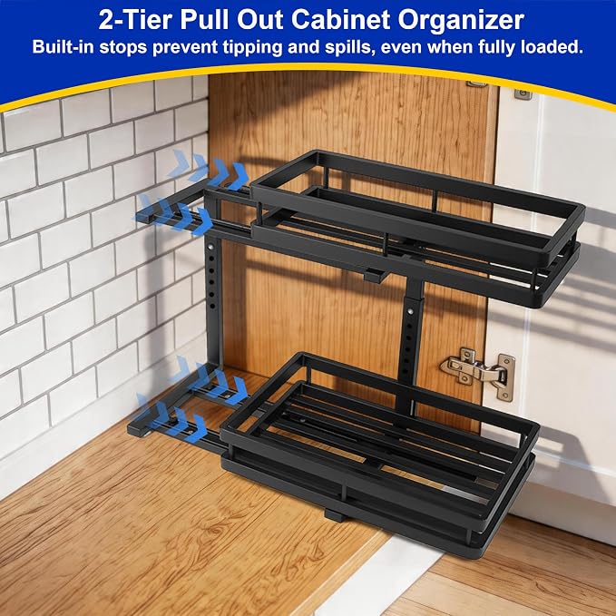 2-Tier Metal Pull-Out Under Sink Organizer, Black, 1 Pack | Carbon steel, ball-bearing pull-out, 6-level adjustable, no-drill setup, for under-sink pipes and bottles - Image 4
