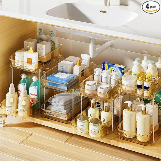 Delamu 2-Tier Under Sink Organizers and Storage, Multi-Purpose Stackable Bathroom Cabinet organizers, Pull Out Kitchen Pantry Organization and Storage with Dividers(4 Pack, Amber) by DELAMU