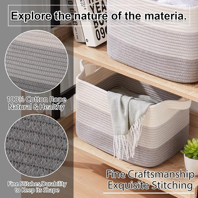 OIAHOMY Storage Basket, Woven Baskets for Storage, Cotton Rope Basket for toys,Towel Baskets for Bathroom - Pack of 3, Gradient Gray - Image 7