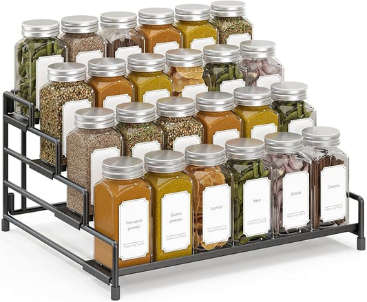 RUILALIFE 4-Tier-Spice-Rack-Organizer-for-Cabinet, Adjustable Depth Spice Holder Shelf For Countertop Pantry Cupboard, Metal Tiered Seasoning Organizer,Display Shelf Riser (Black-1 Pack) by RUILALIFE