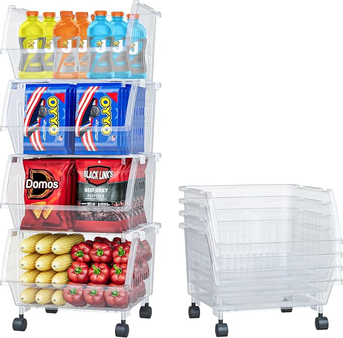 Large Stackable Storage Bins Open Front with Wheels, 4 Pack - Clear | Easy Assembly, Sturdy Plastic, Open Front Access, Smooth Rolling Wheels, Stackable, Large Capacity Storage by Skywin