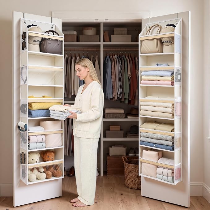 5 Tiers Natural Bamboo Over Door Organizer with 10 Mesh Side Pockets, 50 lbs Weight Capacity Hanging Storage Organizer with Clear Window Kids Toys, Shoes, Diapers, Warm Beige,2 Pack by ORDOVIBE
