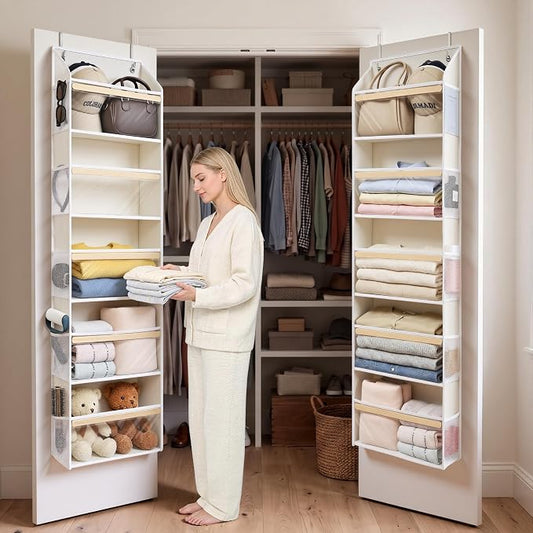 5 Tiers Natural Bamboo Over Door Organizer with 10 Mesh Side Pockets, 50 lbs Weight Capacity Hanging Storage Organizer with Clear Window Kids Toys, Shoes, Diapers, Warm Beige,2 Pack by ORDOVIBE
