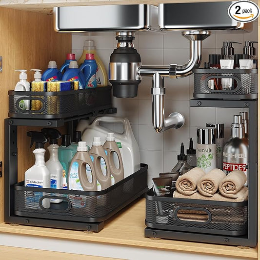 2 Pack 15.7IN-Depth Under Sink Organizer With Smooth Cylindrical Rail,2-Tier Pull Out Multi-Purpose Cabinet Storage for Bathroom&Kitchen,Height Adjustable,Rust-resistant Coating-Black by UnderSinkOrganizer