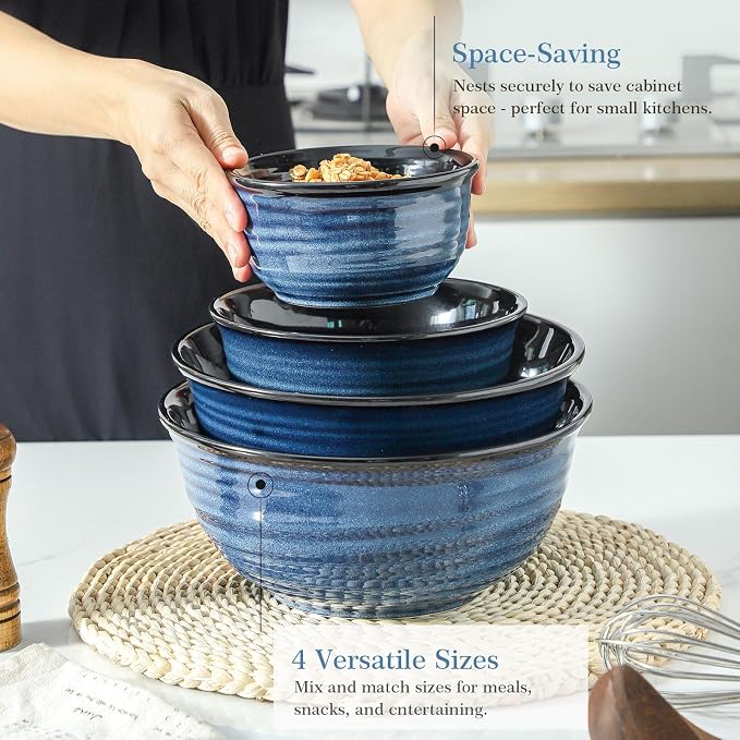 Hasense Mixing Bowls Set, Porcelain Large Salad Bowls for Cooking, Baking, Prepping, Serving, Blue Nesting Dishes for Housewarming Gift, Microwave Dishwasher Safe, 2.8/2.1/1.0/0.5 Qt - Image 6