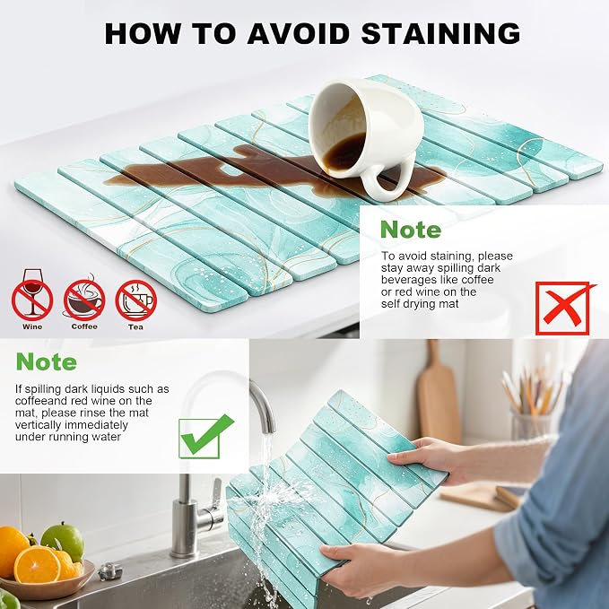 Stone Drying Mat for Kitchen Counter, Quick Diatomaceous Earth Mats for Dishes, 24"L x 16" W Super Absorbent Fast-Drying Collapsible Countertop Stone Mat (Marble White Green-01, 24" x 16") - Image 6