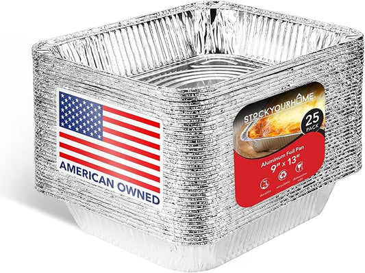 Stock Your Home Aluminum 9x13 Disposable Foil (25 Pack) – Half Size Deep Steam Table for Cooking, Heating, Storing, Prepping Food by StockYourHome