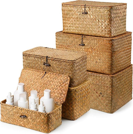6 Pcs Seagrass Basket with Lid Wicker Storage Decorative Boxes with Lids Bin Woven Organizer for Shelf Closet Bedroom, 6 Sizes(Classic Style,Yellow Brown) by Kigley
