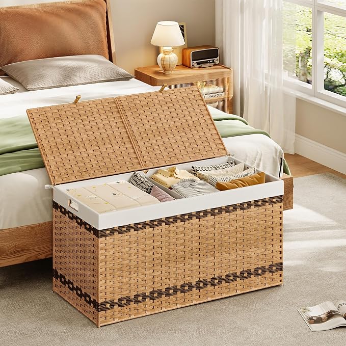 HOOBRO Storage Basket with Lid, 52.8 Gallon (200L) Wicker Storage Basket with 2 Separate Lid, Blanket Storage Bin with 2 Removable Liner Bags, for Bedroom, Laundry, Natural and Brown NL277CW01 - Image 6
