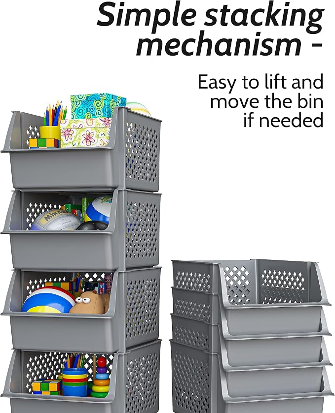 Skywin Stackable Storage Bins Open Front for Pantry Storage, 4 Pack - Grey | Sturdy Plastic, Easy Stacking, Open Front Access, Ventilated Sides, Vertical & Space Saving Pantry Organizers and Storage Bin - Image 8