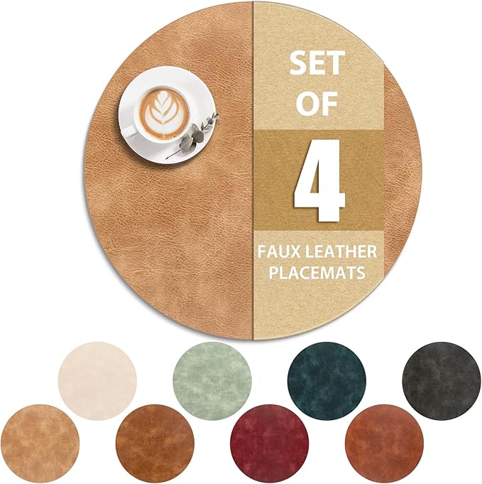 ADRIMER Placemats, Heat Resistant Round Placemats Set of 4 Washable, Waterproof Table Mats, Wipeable Faux Leather Place Mats for Kitchen, Dining Room, Camel by Adrimersdreamistobeanindispensablecompanioninyourlife