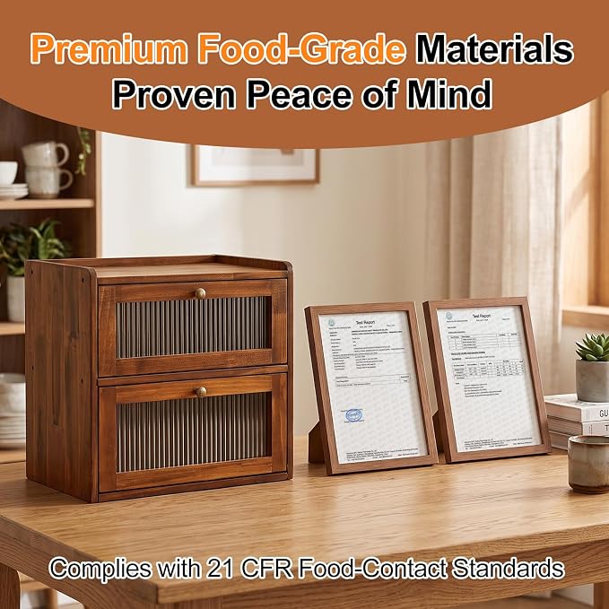 Alpeir Wooden Bread Box for Kitchen Countertop, Large Double Layer, Brown | Food-Safe Pine Wood, Double-Row Ventilation, Strong Acrylic Window, Raised Top Shelf, Easy Care, Farmhouse Corner Container - Image 4