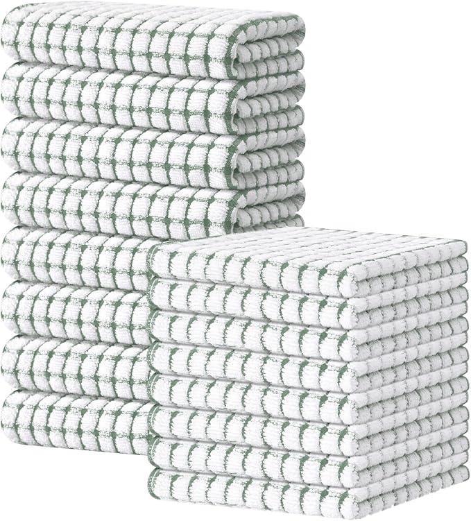 Kitinjoy Cotton 16 Pack Kitchen Towels and Dishcloths Sets, Grass Green | 16 x 25 Inch & 12 X 12 Inch Dish Towels Bulk, Super Soft and Absorbent hand towels for kitchen Drying by Kitinjoy