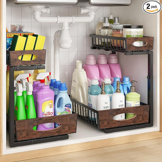 2-Tier Under Sink Organizer with Wooden Drawer Handle, 2 Pack Adjustable Height Pull Out Cabinet Organizer Shelf,Slide out Storage Drawer Rack for Kitchen Bathroom Laundry Room Pantry (Black) by Unknown