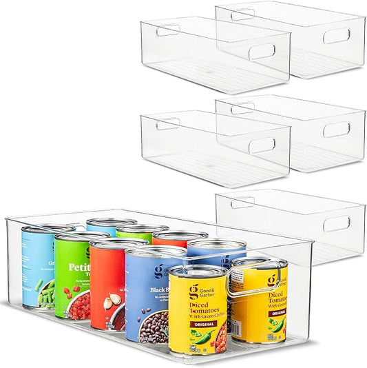 Plastic Food Storage 6 Pack Clear Container Bin with Handles for Organizing Kitchen, Pantry, Refrigerator, Freezer, Pantry, Cabinet, Closet, Bathroom. 14”x8”x5” by primebox