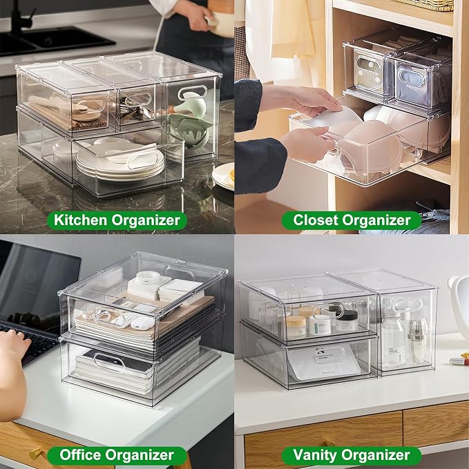 Taiuloo 3 Pack Stackable Refrigerator Organizer Bins with Pull-Out Drawer, Clear BPA-Free Food Storage Containers for Fridge Freezer, Kitchen Pantry Cabinet & Bathroom Vanity Organization - Image 5