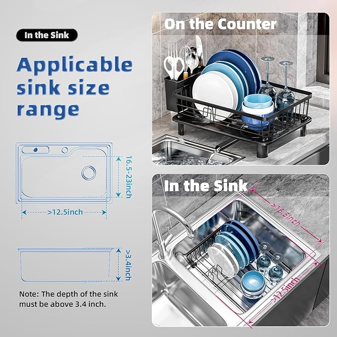 Dish Drying Rack for Kitchen Counter,Stainless Steel,Black | Space Saving,New Drain Outlet,Rotating Spout & Angled Drainboard for Quick Drainage,Removable Utensil Holder - Image 2