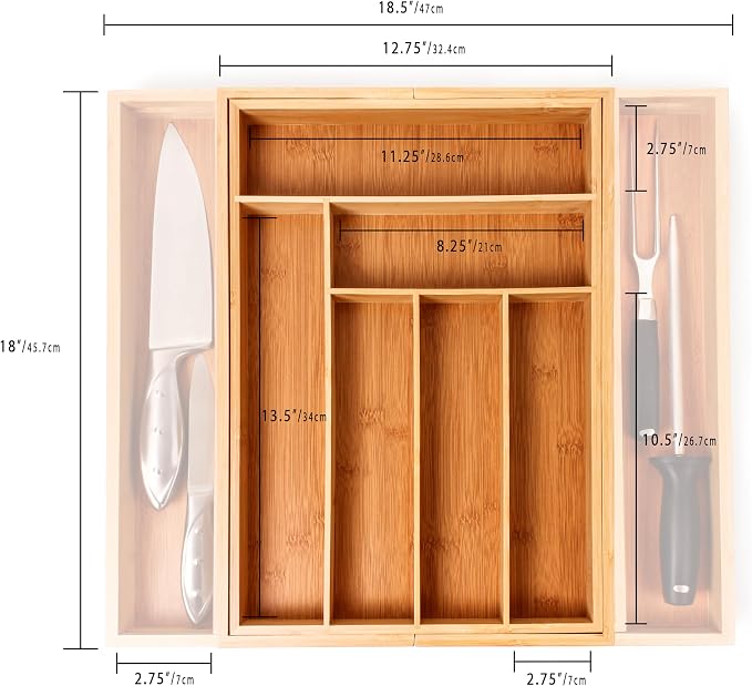 BergHOFF Bamboo 8-Slot Expandable Flatware Organizer, Expand between 12.75" to 18.5 | Durable Wood Drawer Divider For Flatware Storage, Adjustable Kitchen Silverware & Cutlery Tray, Fits 12.75" To 18.5" Drawers - Image 5