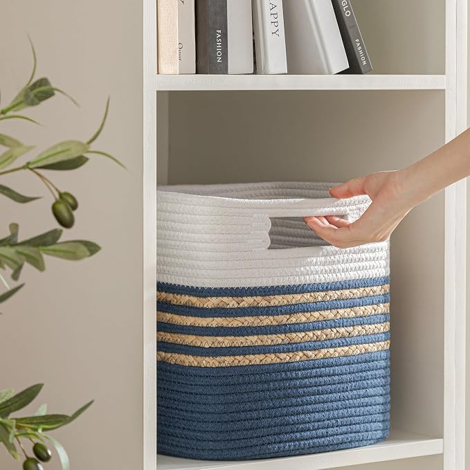 UBBCARE Set of 3 Storage Cubes 13 X 13 X 13 in, Water Hyacinth Storage Bins for shelves, Book, Storage Baskets with Handles, Cotton Rope Woven Baskets for Organizing, Blue - Image 6