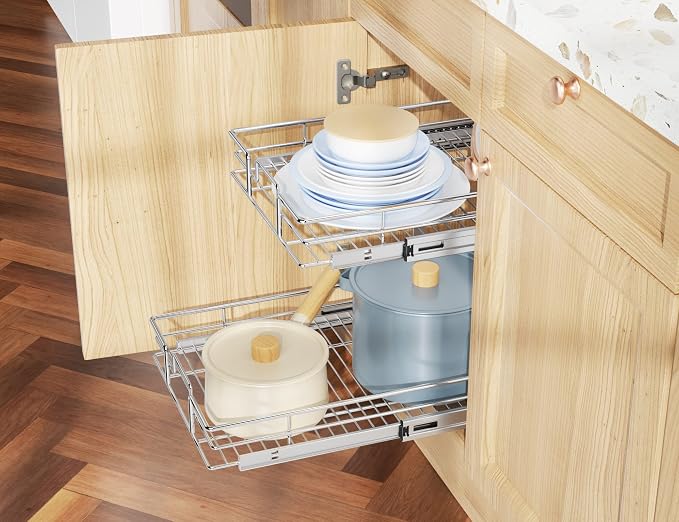 LOVMOR Individual Pull Out Cabinet Organizer, 2 Tier Slide Out Cabinet Drawers, Pots and Pans Organizer and Storage Pantry Shelf for Kitchen (11" W x 18" D) - Image 6