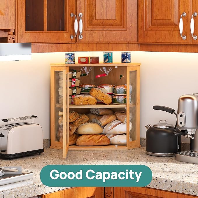 viewcare Corner Bread Box for Kitchen Counter, Bamboo Wood Large Capacity Bread Storage Bin with Acrylic Wavy Door Panel (Natural, Extra Large) - Image 4