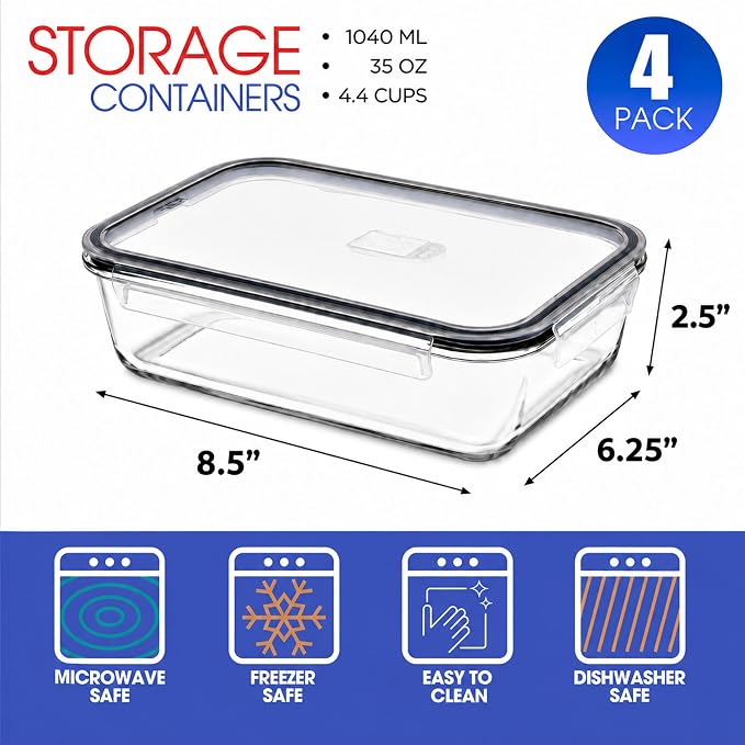 Sorbus Glass Meal Prep Containers Set – Freezer, Dishwasher, Oven Safe – Reusable Food Storage Bowls, 4 Cup Capacity for Meal Prep and Storage (4 Rectangular Vented Lid) - Image 2