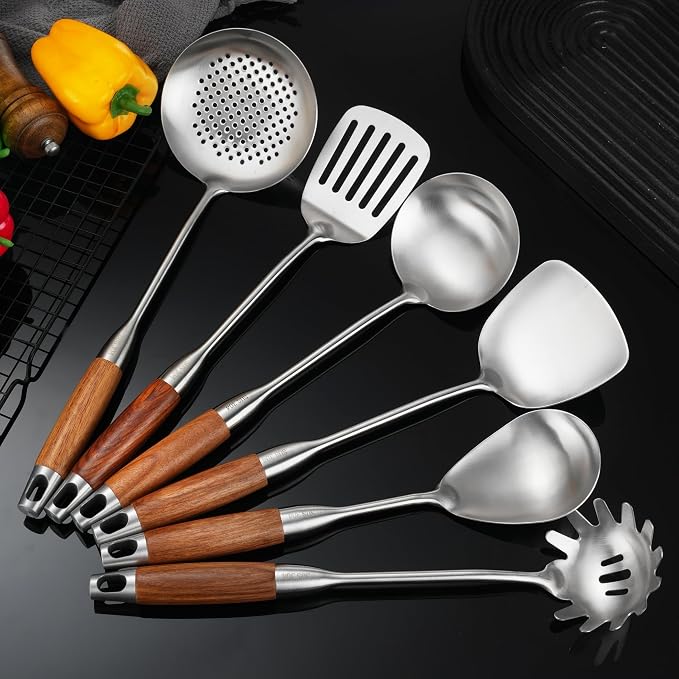 Stainless Steel Cooking Utensils Set with Wooden Handle 12.5"-14" | 304-Healthy;Wooden handle-Anti-scald;Good length,hanging hole-Easy to store;Gift-Bridal shower,Xmas,thanksgiving,housewarming by NIITAWH