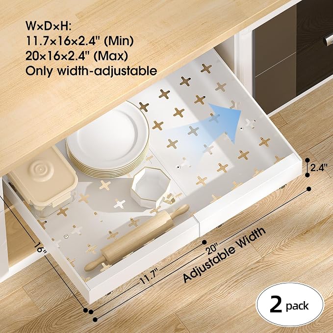 Delamu 16" Deep Pull Out Cabinet Organizer with 6 Dividers, Expandable (11.7 "-20" W) Pull Out Drawers for Cabinets, Cabinet Trays Pull Out for Cabinets in Kitchen, Pantry or Bathroom, White, 2 Pack - Image 2