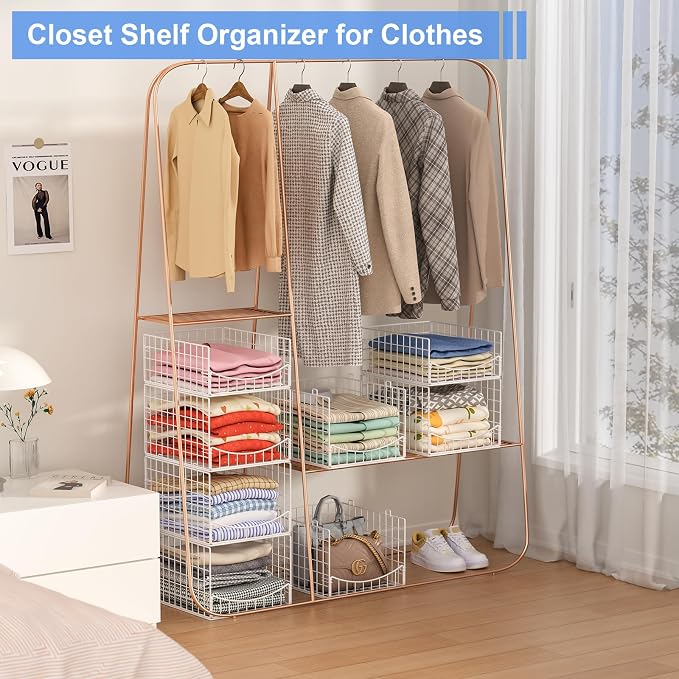 Hongtamoya 4-Tier Stackable Closet Organizers and Storage Shelves, Foldable & Mutifunctional Clothes Storage Basket Sweater Organizer Bins Container for Wardrobe Kitchen Office Bathroom, White - Image 7