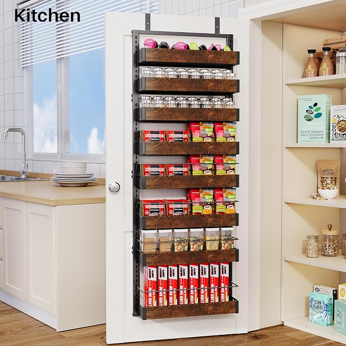 SNTD 8 Tiers Wooden Over Door Organizer, 17" W x 6" D x 69" H, Rustic Brown | Pantry Door Organizers and Storage, Height Adjustable Spice Rack, Dense Mesh Baskets, Anti-Swing, Adjustable Door Fastener - Image 8