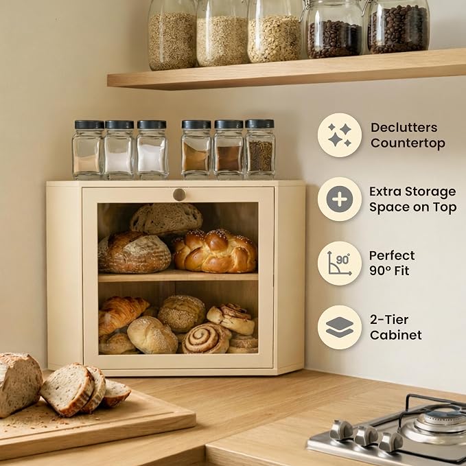2 Tier Corner Bread Box for Kitchen Countertop, Cream | Space-saving, food-safe bamboo corner countertop cabinet featuring a modern brass knob & controlled airflow. - Image 3
