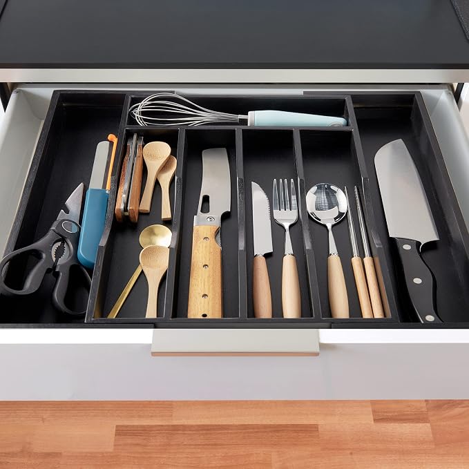 2-Piece Expandable Bamboo Kitchen Drawer Organizer for Cutlery and Utensils, Adjustable Bamboo Wood Cutlery Tray in Drawer for Flatware and Silverware in Kitchen, (Black) - Image 5
