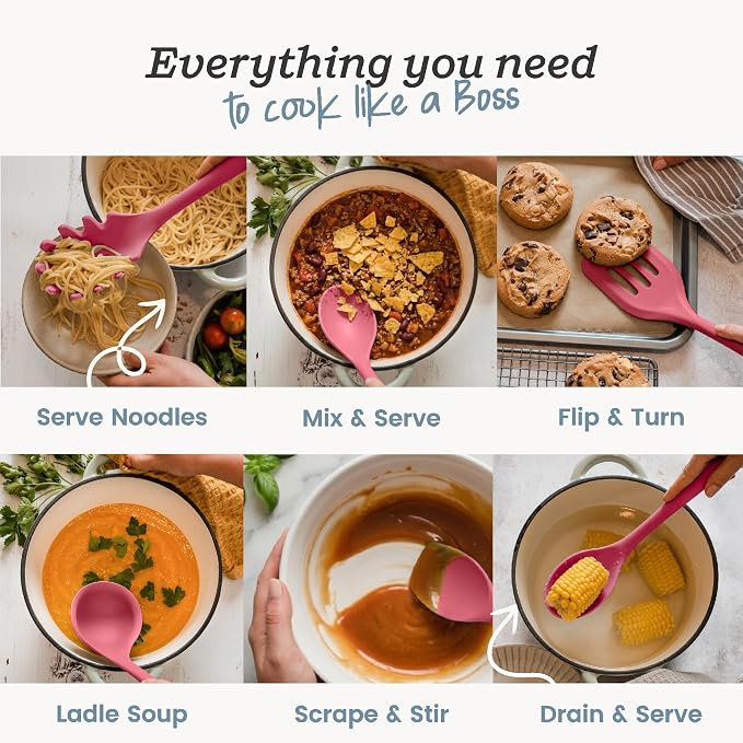 Starpack Like a Boss XL Silicone Cooking Utensils Set (6-Piece, 13.5") - LFGB Certified, 600°F Heat Resistant, BPA-Free - Heavy-Duty Steel Core, Dishwasher Safe - for Nonstick Cookware, Earthy Pink - Image 2