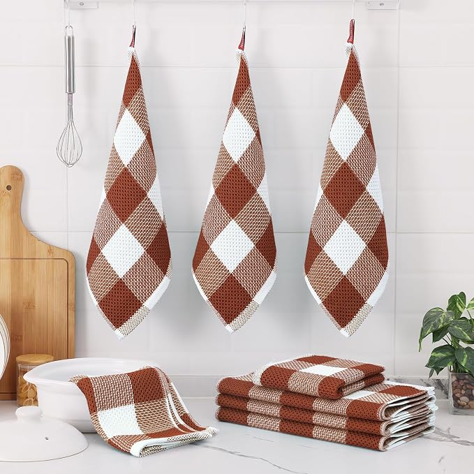 Homaxy Kitchen Towels and Dishcloths Set, Set of 10, White & Rust | Bulk Cotton Waffle Weave Check Plaid Kitchen Towels, Super Soft and Absorbent Dish Cloths, 12 x 12 and 13 x 28 Inches - Image 6