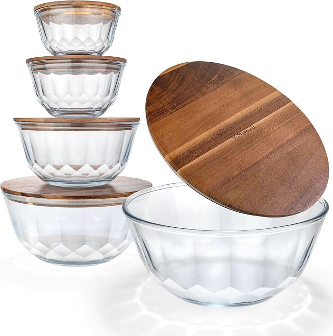 Large Stackable Set of 5 Nesting Glass Bowls with Acacia Lids for Foodprep, Storage, Baking, Sourdough Mixing & Cooking. Microwave & Oven Safe Heat Resistant Inert Borosilicate Glass by Dokaworld