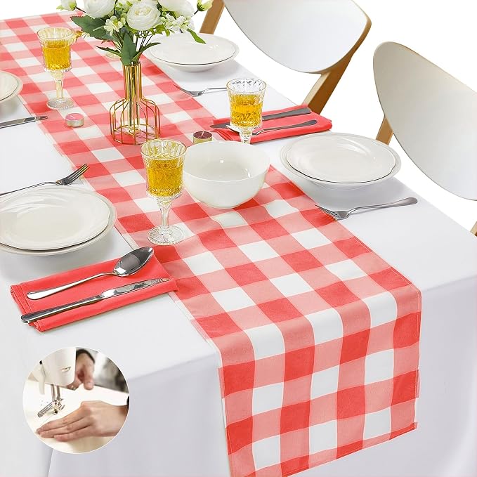 Cupuamon Fabric Checkered Table Runner 6 Pack Waterproof Gingham Table Runner 14W x 108L Buffalo Check Table Runners for Parties Kitchen Dining Wedding Banquet (Red and White) by Cupuamon