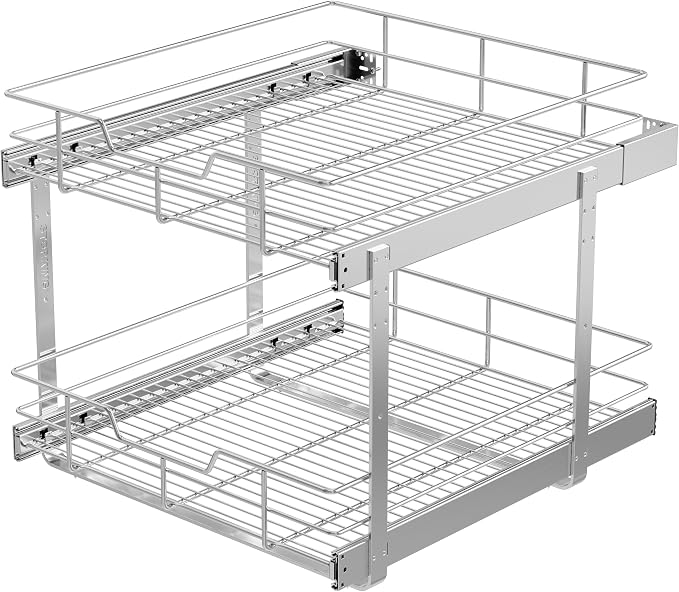 2 Tier Pull Out Cabinet Organizer 21" W X 22" D, Chromed, Full Slide Out | For Kitchen Organizers and Storage, Pull Out Drawers For Cabinets Capacity Heavy Duty Caddy, Cabinet Shelves, Bathroom Pantry by STORKING