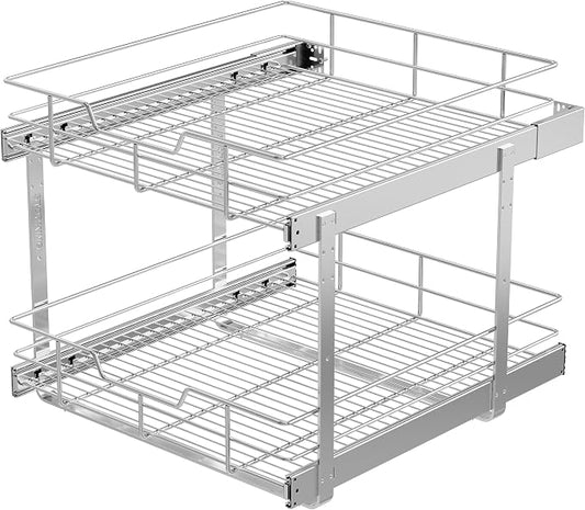 2 Tier Pull Out Cabinet Organizer 21" W X 22" D, Chromed, Full Slide Out | For Kitchen Organizers and Storage, Pull Out Drawers For Cabinets Capacity Heavy Duty Caddy, Cabinet Shelves, Bathroom Pantry by STORKING