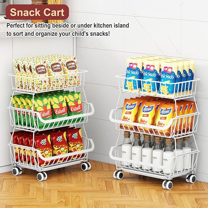3-Tier Rolling Pantry Cart with Wheels, Stackable Wire Storage Floor Organizer for Kitchen Pantry Snack Shelves, Fruit Basket Stand, Vegetable Storage Rack for Food Snacks Onion Potato, White - Image 5