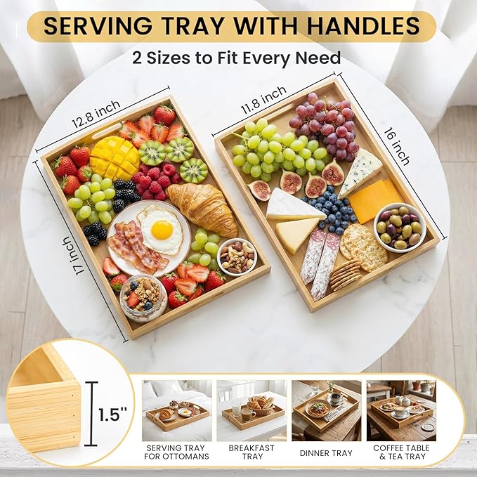 Bamboo Serving Tray Set of 2, Bamboo Trays with Handles | Decorative bamboo serving trays for serving, storage,kitchens, living rooms,bathrooms, outdoor dining 17" × 13" & 16" × 12" - Image 2