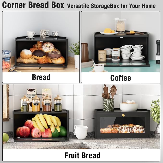 Trironsun Corner Bamboo Bread Box for Kitchen Counter Large Rustic Bread Storage Container with Acrylic Door Space-Saving Vintage Bread Keeper for Homemade Bread (Black) - Image 7