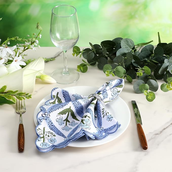 Hahafelt 12 Pcs Floral Cloth Napkins Block Print Colorful Cotton Napkins 18x18 Inches with Scalloped Edges Cotton Reusable Washable Napkin Bulk for Dinner Table Cocktail Party Weddings Home Decor - Image 3