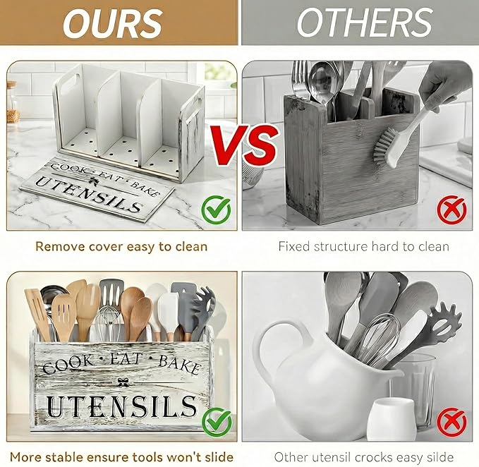 Rustic White Wooden Utensil Holder for Kitchen Counter Decor,Extra Large Kitchen Utensil Holder Silverware Caddy Farmhouse Wood Cutlery Holder Cooking Utensil Stand Storage kitchen Tools Holder - Image 6